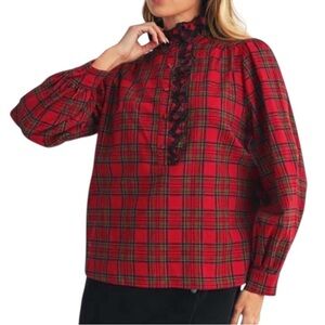 Jodifl red plaid ruffle button-front blouse size S